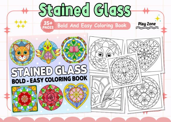 Bold Stained Glass Graphics for Editorial Coloring Pages